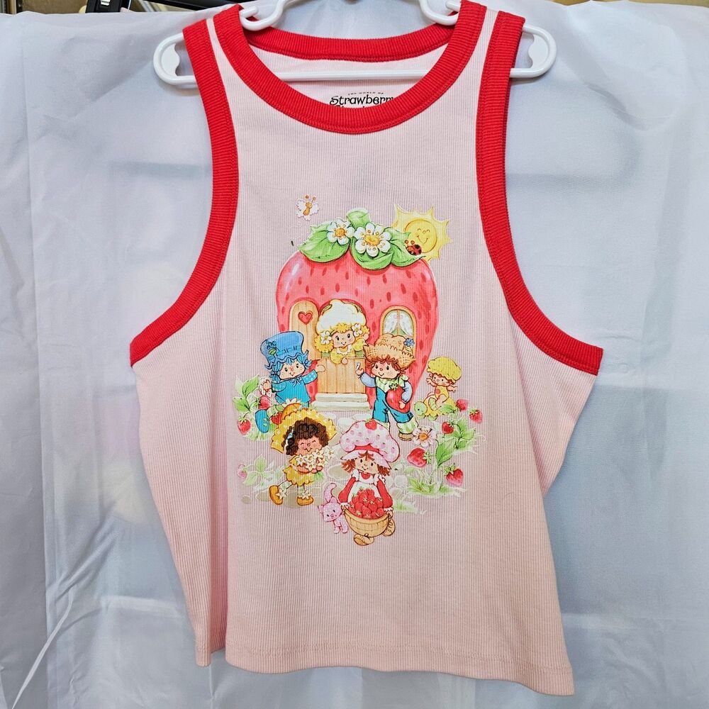 Strawberry Shortcake Graphic Ribbed Ringer Tank Top Pink Red Size Large